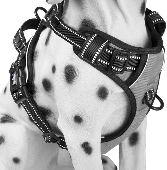 PoyPet No Pull Dog Harness, Reflective Comfortable Vest Harness with Front & Back 2 Leash Attachments and Easy Control Handle Adjustable Soft Padded Pet Vest for Small to Large Dogs (Gray,XL)