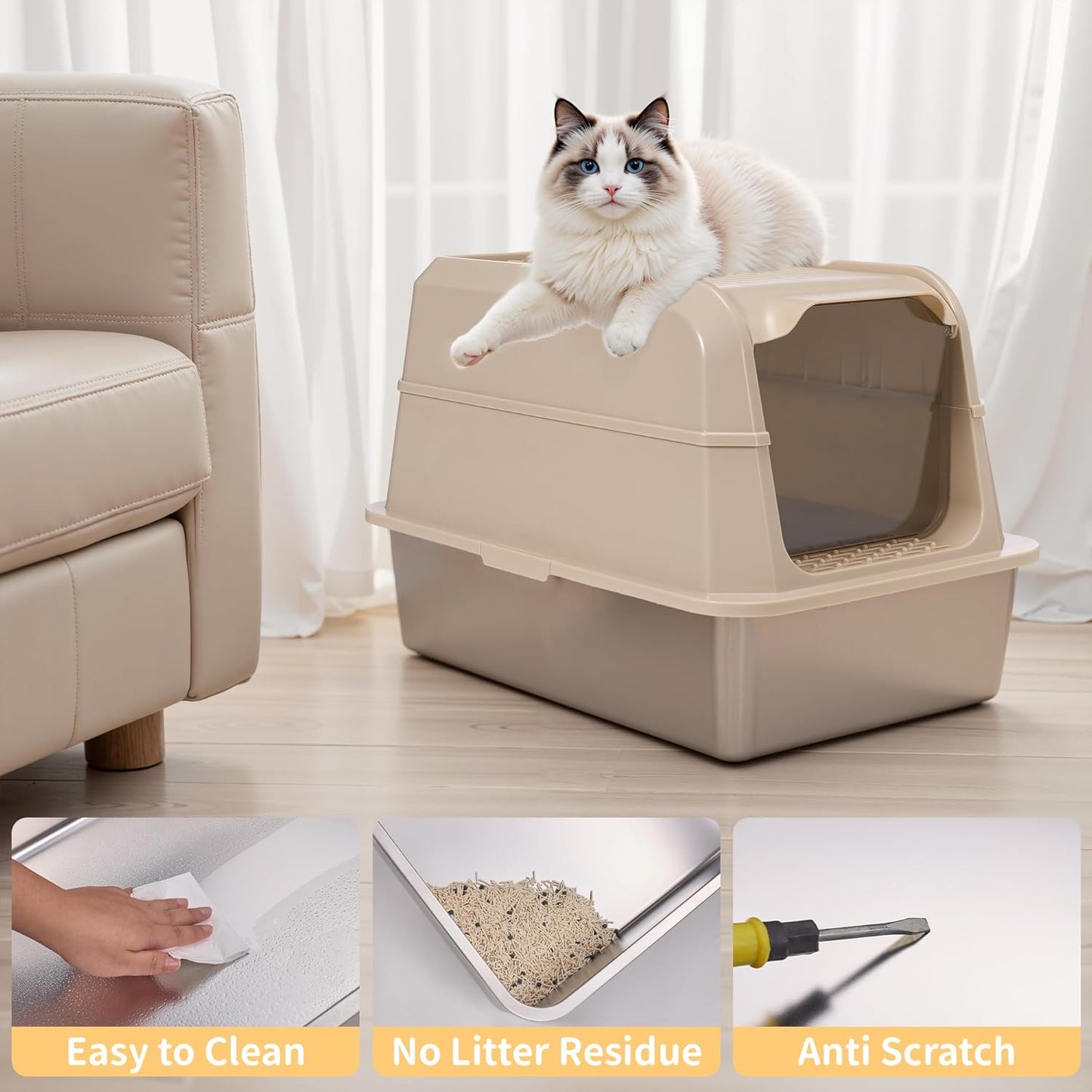 Stainless Steel Litter Box with Lid, XL Extra Large Cat Litter Box, Enclosed Metal Litter Pan with High Sided Enclosure & Scoop, Anti Leakage, Easy to Clean, Odor Control(Khaki)