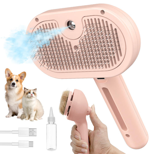 3-in-1 Self-Cleaning Steam Brush - Anti-Static, for Grooming Long & Short Pet Hair, Reduces Shedding, Pink