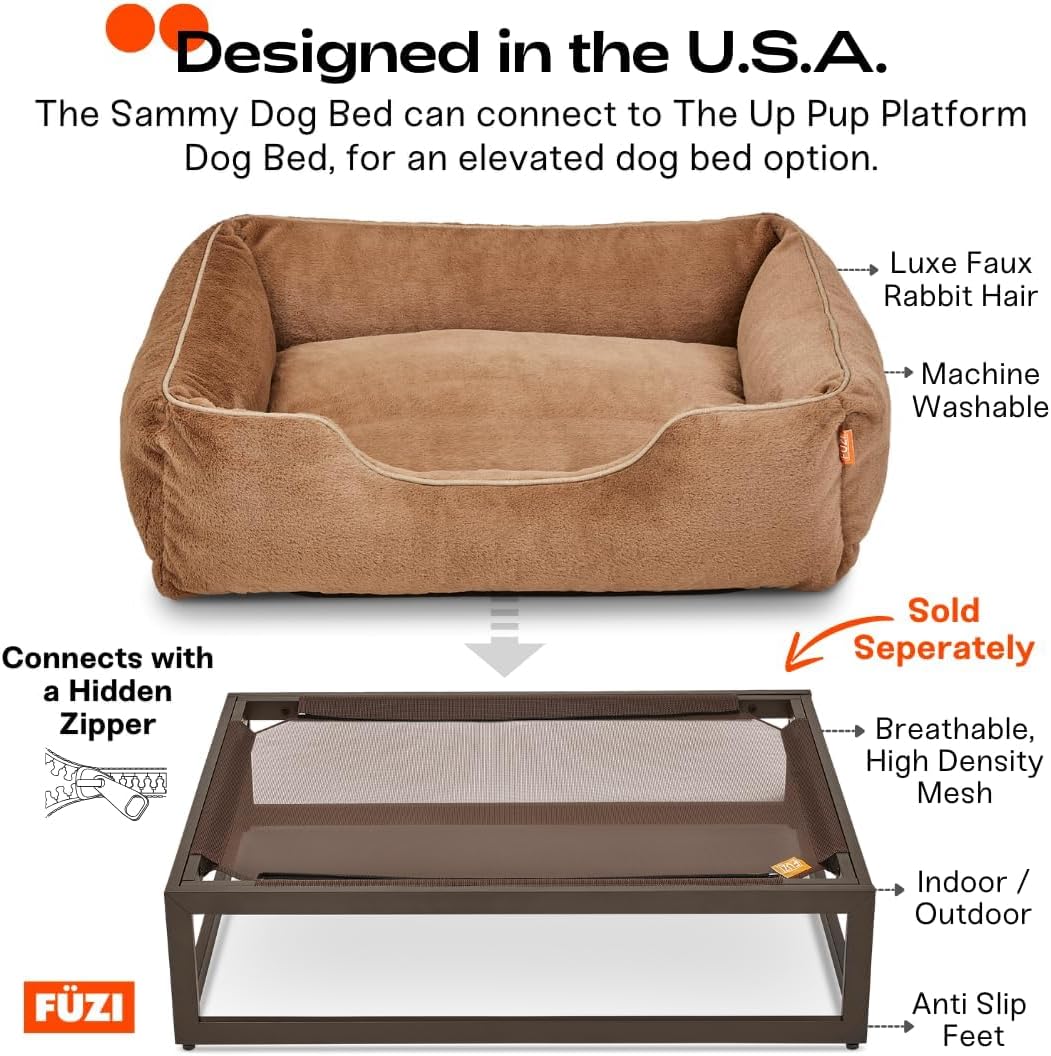 FUZI Luxury Aesthetic Dog Bed with Extra Cover for Medium Dogs, Washable Pet Couch, Pet Bed with Sides, Non-Slip Bottom, Soft & Durable Calming Bed, Faux Rabbit Fur, Medium 31.75x23.6x9.5 Light Brown