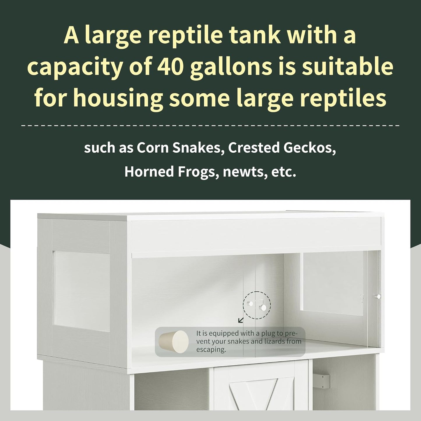 40 Gallon Reptile Terrarium Tank with Storage Cabinet, Reptile Tank with Stand, for Leopard Geckos, Corn Snakes, Juvenile Pets, Sliding Acrylic Doors, Mesh Top, Power Outlet, White PX03RTW