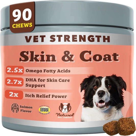 Natural Dog Company Vet Strength Omega Skin & Coat Chews for Dogs – Supports Itchy Skin Relief, Moisture Balance & Coat Hydration, Biotin & Vitamin E, Dry Skin Care, Vet-Recommended, USA Made, 90 Ct