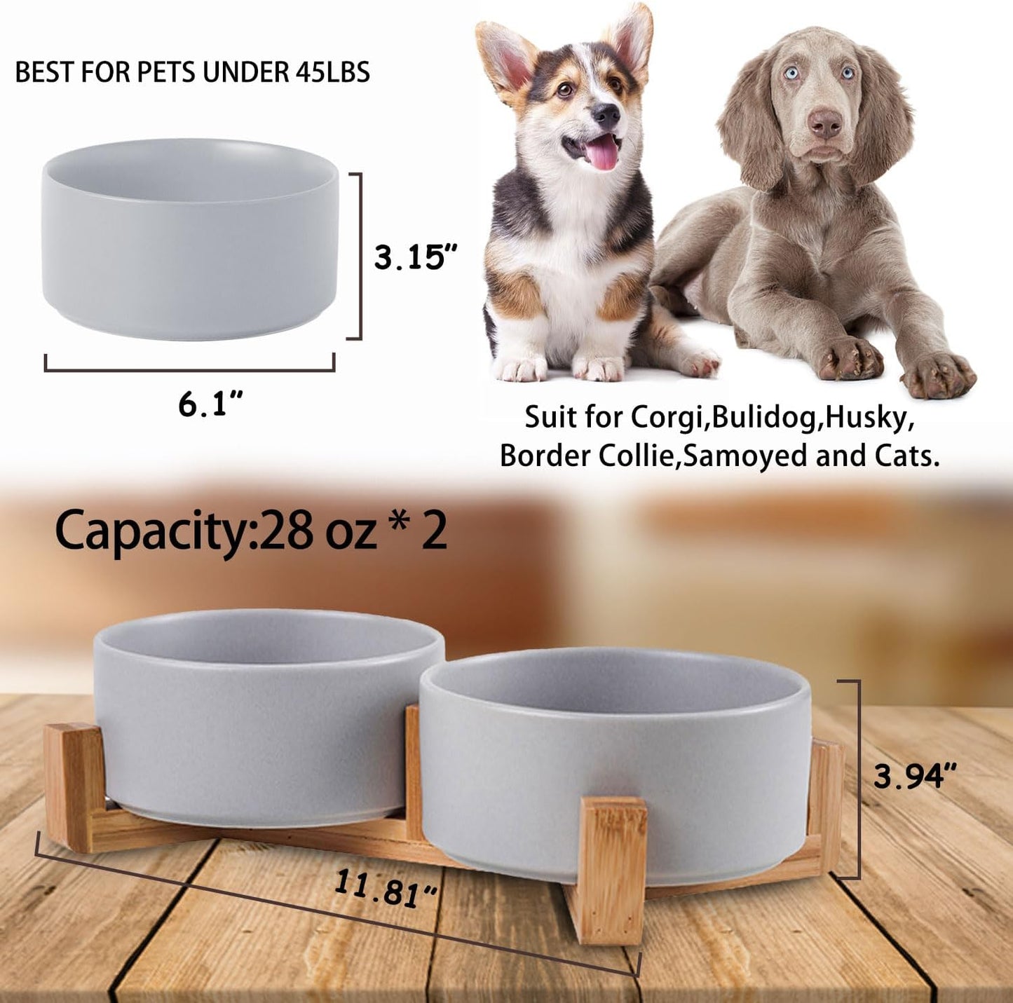 Petygooing Dog Bowls,Grey Ceramic Cat Dog Bowl Set with Wood Stand for Food and Water,Non-Slip Cute Modern Pet Dish Set for Cats and Medium Dogs (28OZ/6.1 in)