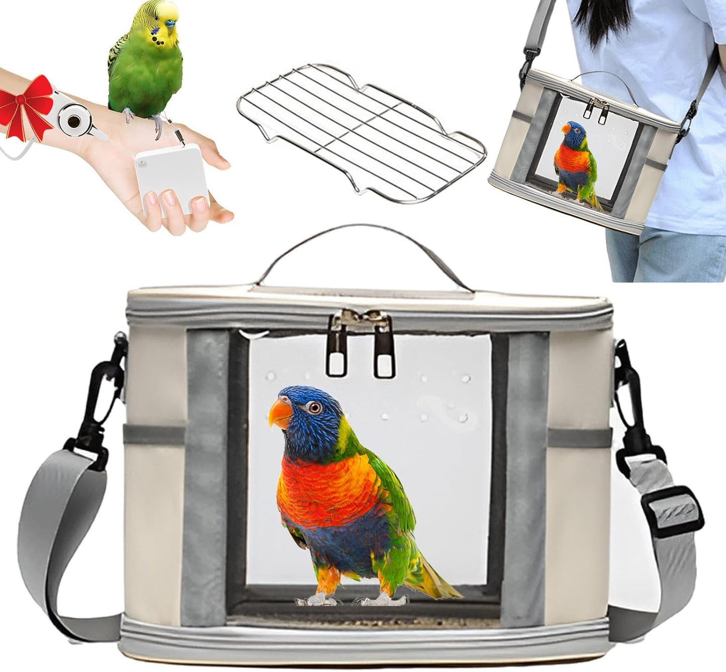 Bird Travel Carrierm, Small Bird Travel Backpack Carrier Cage with Tray and Breathable Clear Window, for Parakeet Cockatiel Budgies, for Camping Hiking (Large-White)
