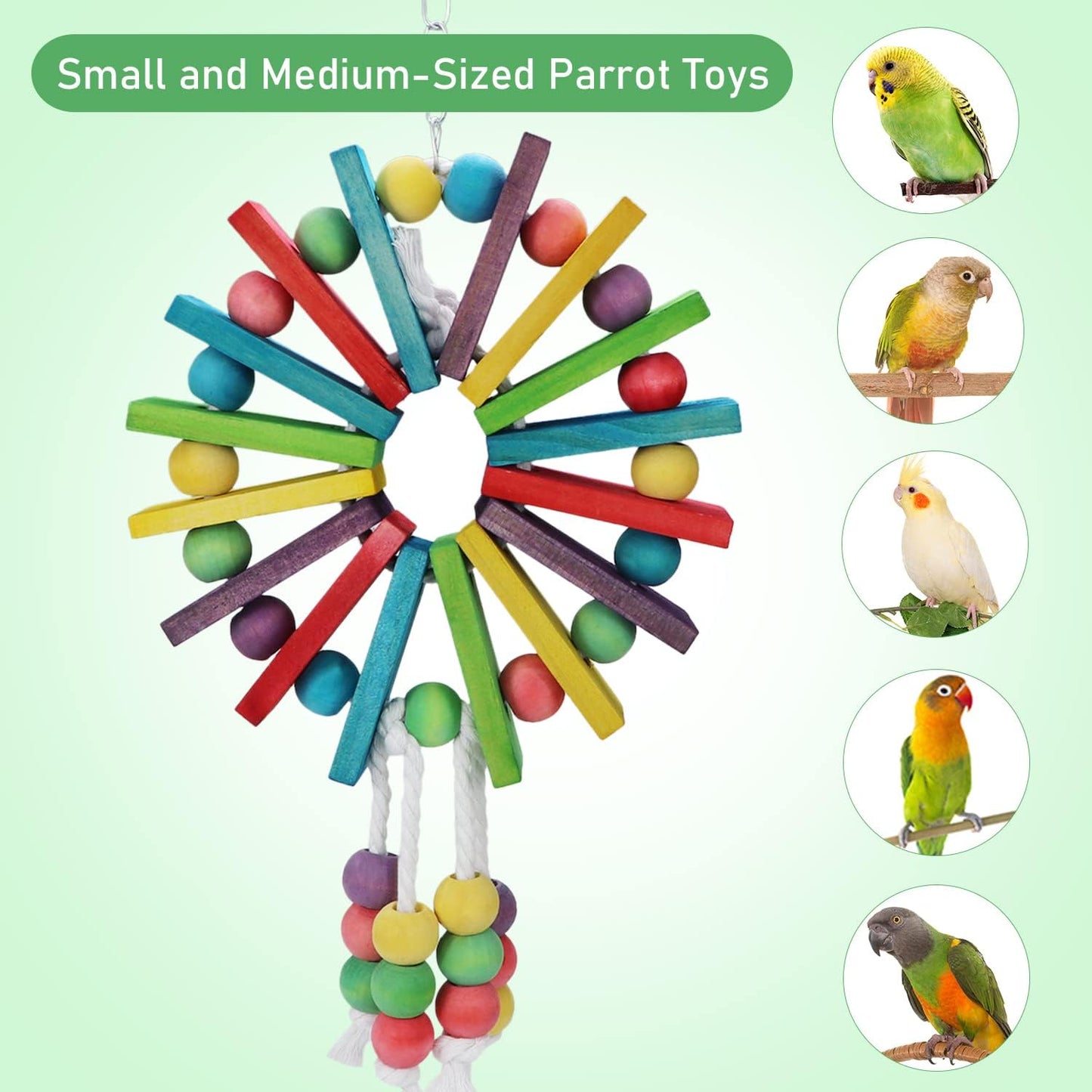Parrot Hanging Chew Toy Bird Bite Swing with Colorful Wood Beads Bells for Parrot Macaw African Greys Cockatiels Cage Accessories (Colorful Wood Toy)
