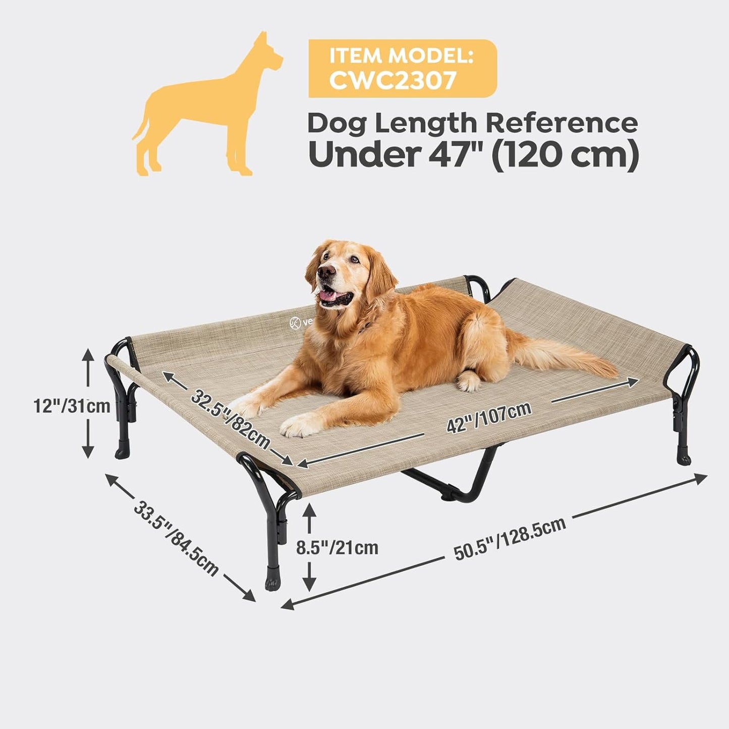 Veehoo Cooling Elevated Dog Bed, XL Raised Pet Cot with Guardrail & Slope Headrest, Durable Breathable Teslin Mesh, Non-Slip Feet, Washable Dog Couch Bed for Indoor & Outdoor, 50.5" x 33.5", Beige