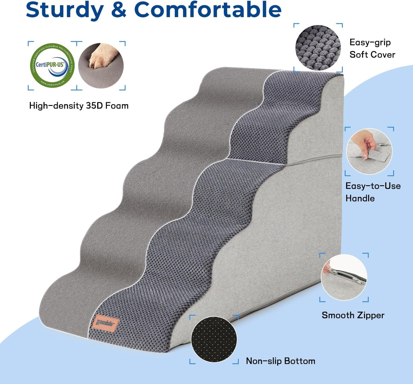 Dog Stairs for High Beds - Pet Stairs Ramp for Couch, 35D Foam Dog Steps for Small to Large Pets, with Non-Slip Bottom Beige, 5 Steps