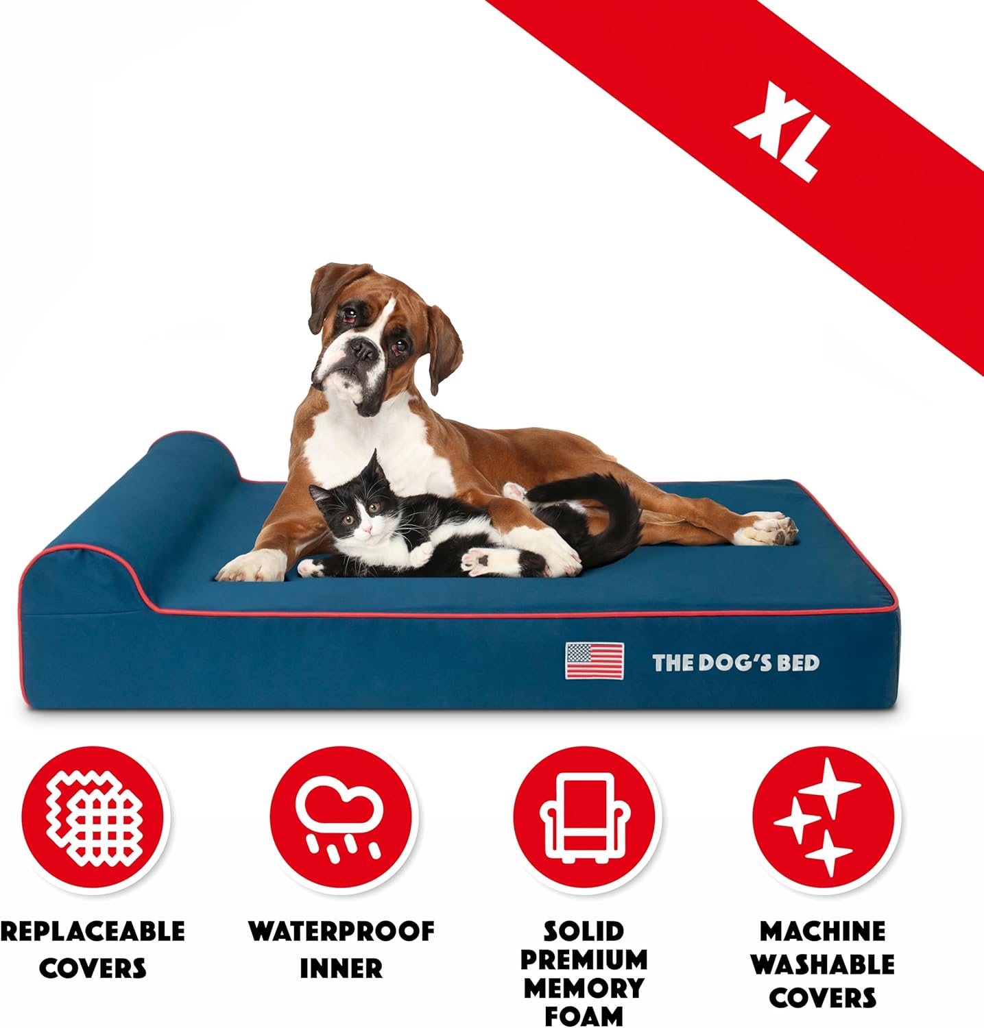 The Dog’s Bed Orthopedic Headrest Dog Bed XL Blue Oxford with Red Trim US Flag 46x28, Memory Foam, Hip & Elbow Dysplasia, Post Surgery, Lameness, Veterinary Approved, Waterproof Washable Cover