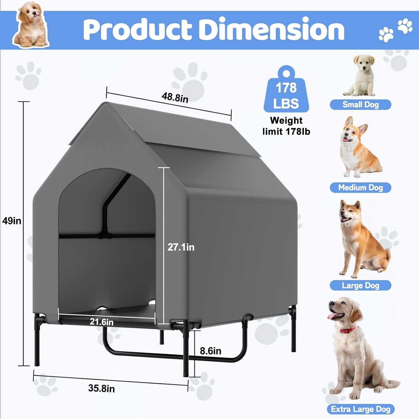 48” Extra Large Dog House-2-in-1 Extra Large Dog House with 8.5” Elevated Dog Bed-Weatherproof Waterproof Outdoor Dog House,Easy to Clean