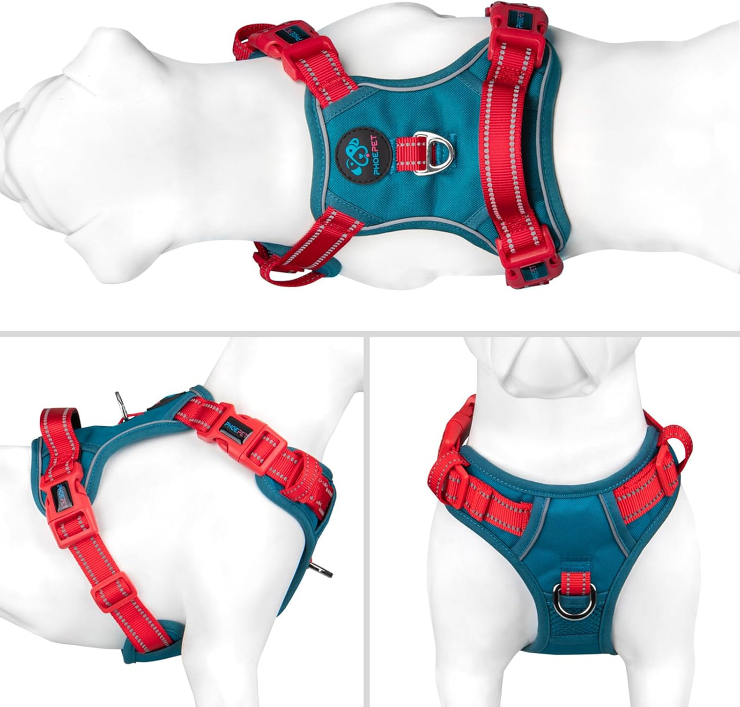 PHOEPET No Pull Dog Harness, Unique Colors Reflective Adjustable Dog Vest, with Soft Training Handle Metal Clips for Small Medium Large Dogs (Teal Base & Red Straps,M)