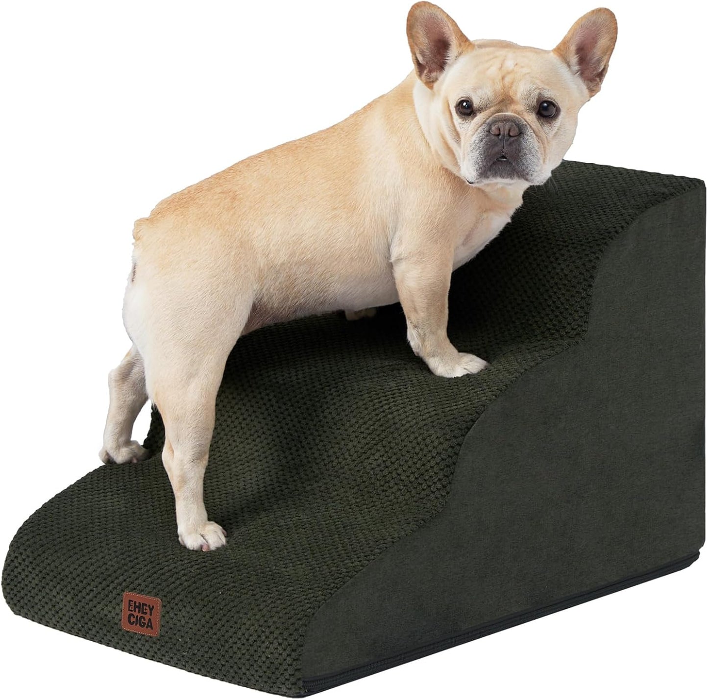 EHEYCIGA Curved Dog Stairs Ramp for Small Dogs 15.7" H, 3-Step Dog Steps for Couch Sofa and Chair, Pet Stairs for Cats, Non-Slip Balanced Pet Steps Indoor, Olive Green