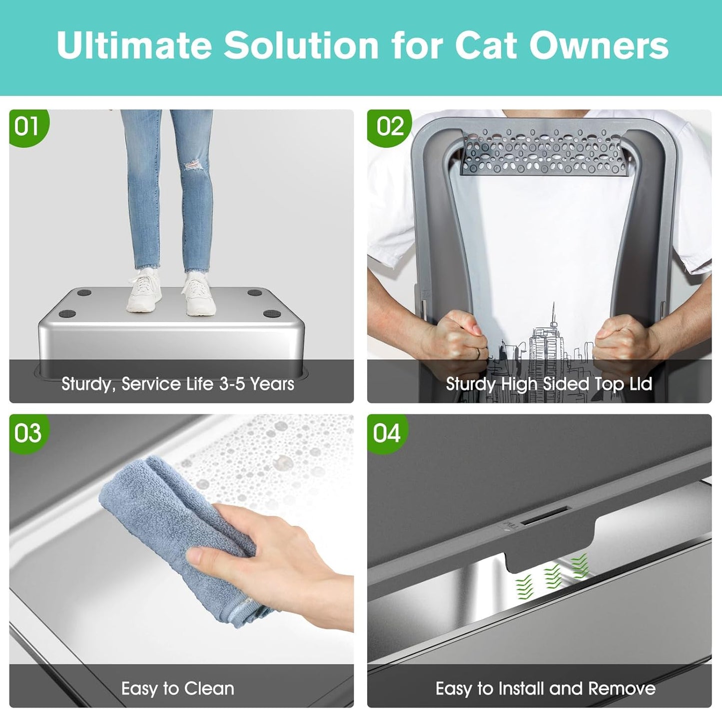 2PACK Stainless Steel Cat Litter Box with High Sides Lid, Extra Large XL Litter Box for Big Cats, Metal Kitty Litter Boxes with Anti-Leakage Enclosure,Non-Stick,Odorless,Scoop Included