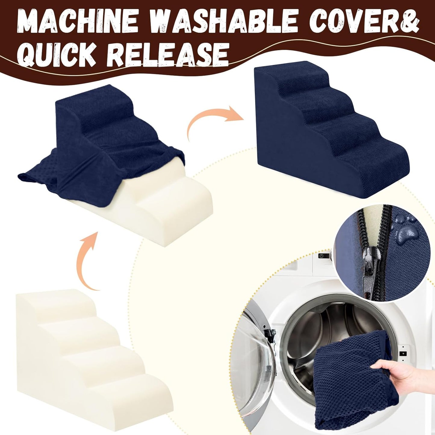 Dog Stairs for Small Dogs - High Density Foam Pet Steps, Extra Wide Dog Ramp with Non-Slip Bottom for High Beds, Couch and Sofa, Best for Dogs Injured, Older Doggy Cats, 4 Steps, Navy