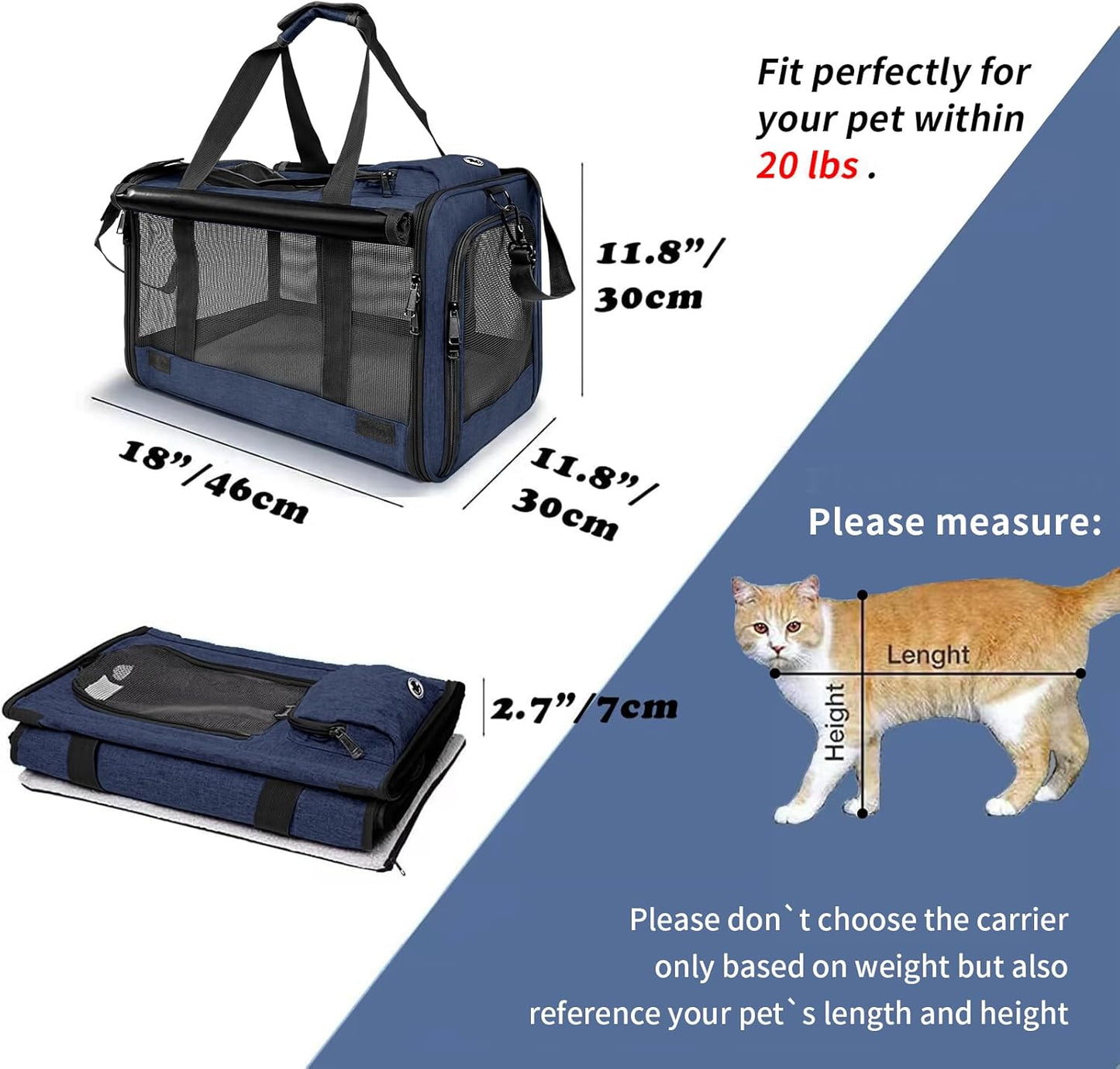 Medium Cat Carrier Large Cat 15 lbs+ Soft Pet Carrier Small Puppy/Ventilated 2 Kittens Car Travel Bag Case/Comfy Big Maine Coons 25 Pounds/Soft-Sided Mesh Kitty Products Dark Blue