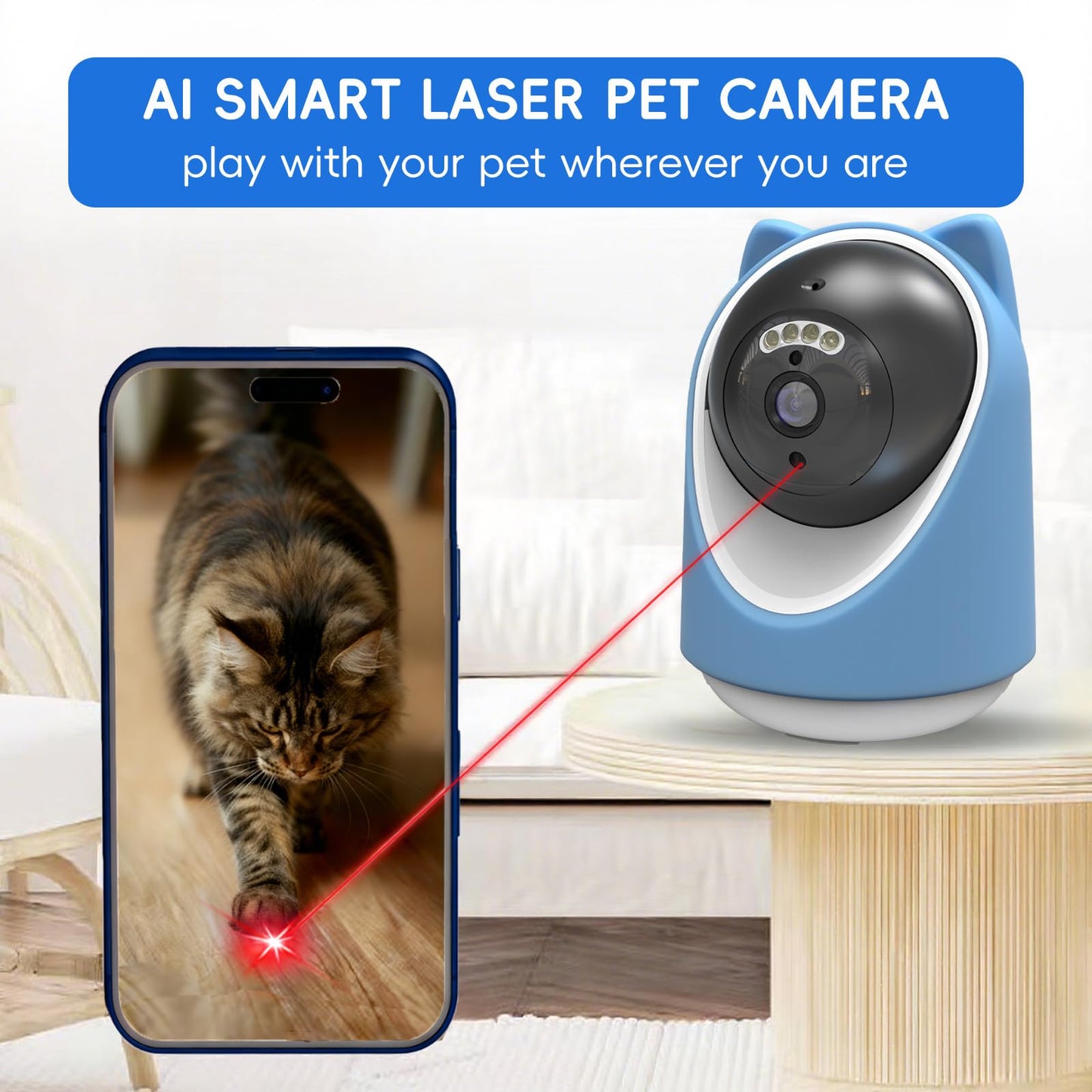 Miykuhok Pet Camera, 2K HD Indoor Dog and Cat Camera with Auto-Tracking & Laser Toy, Home Security Camera with Motion Detection, 2-Way Audio, Night Vision（64GB SD Card）