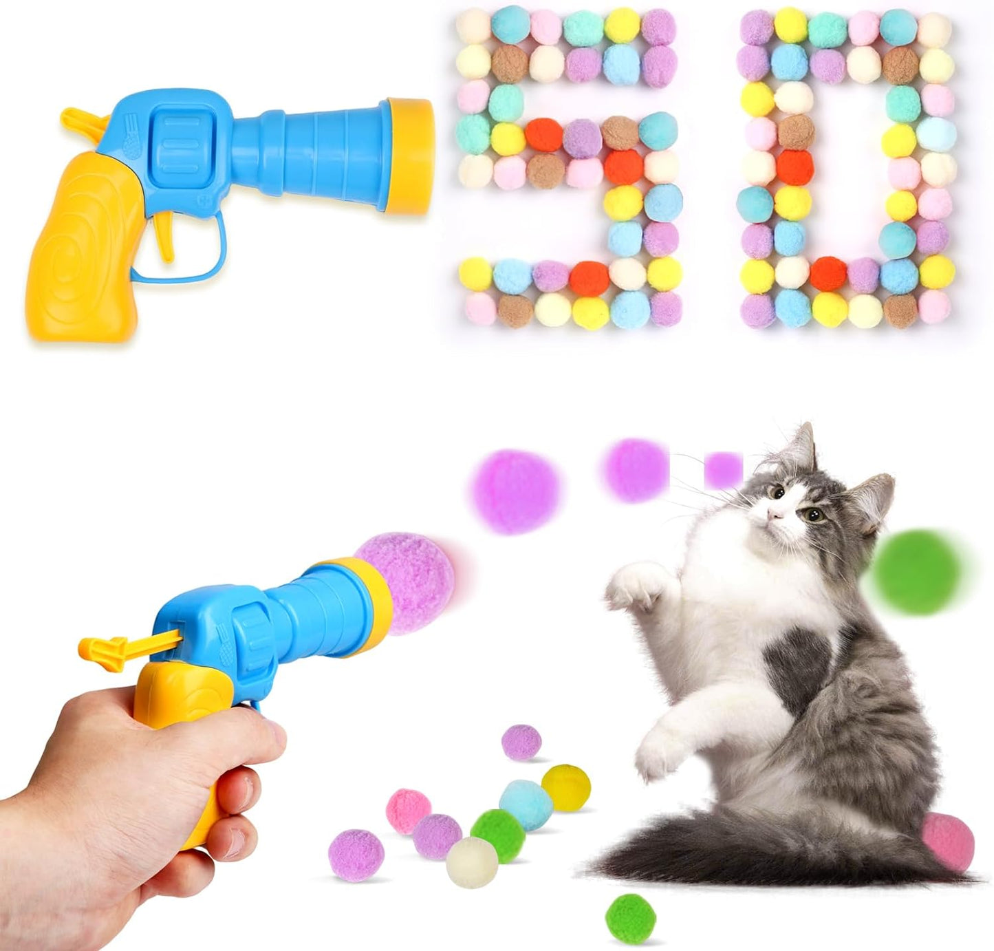 50Pcs Cat Toys Pom Pom Balls with 1 Launcher Set, Interactive Cat Toy Stuff for Indoor Both Adult & Kitten Toys