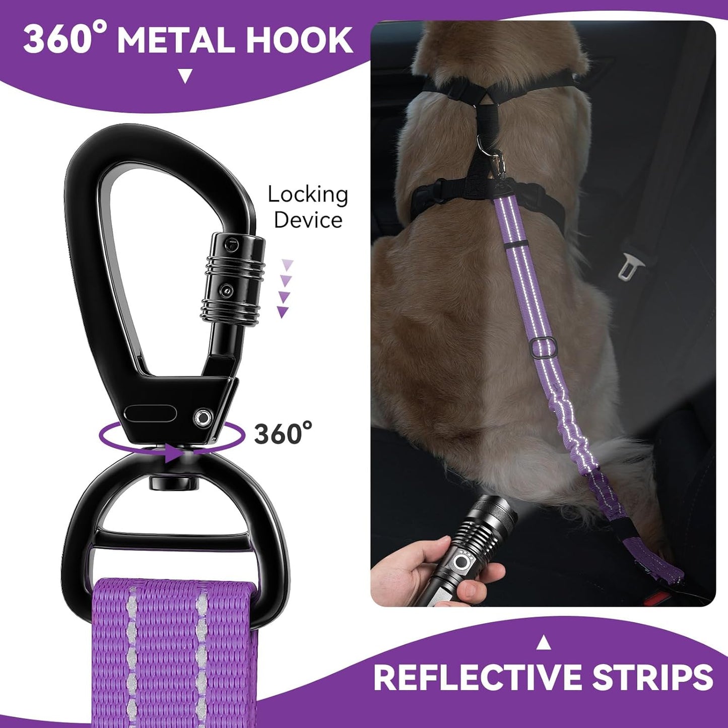 Pawaboo 2Pack Dog Seatbelt for Car, Dog Car Seat Belt Bungee, Shockproof Dog Tether for Car with Buckle & Hook Latch, Adjustable Reflective Dog Car Harness Leash with 360° Lockable Buckle, Purple