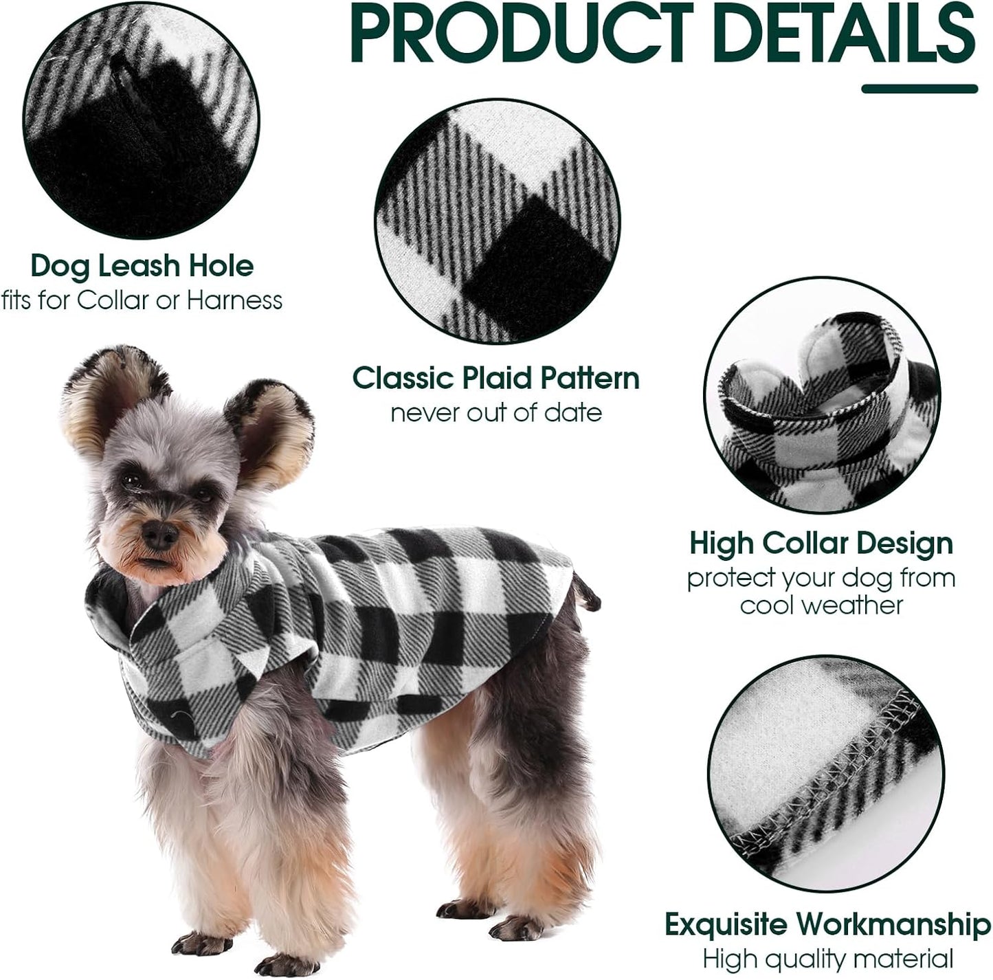 Kuoser Dog Fleece Vest,Warm Plaid Dog Sweater with Leash Hole,Soft Turtleneck Winter Pet Jacket Dogs Coat Pullover for Small Medium Dogs Cats,Spring Fall Cold Weather Christmas Outfit,Black XS