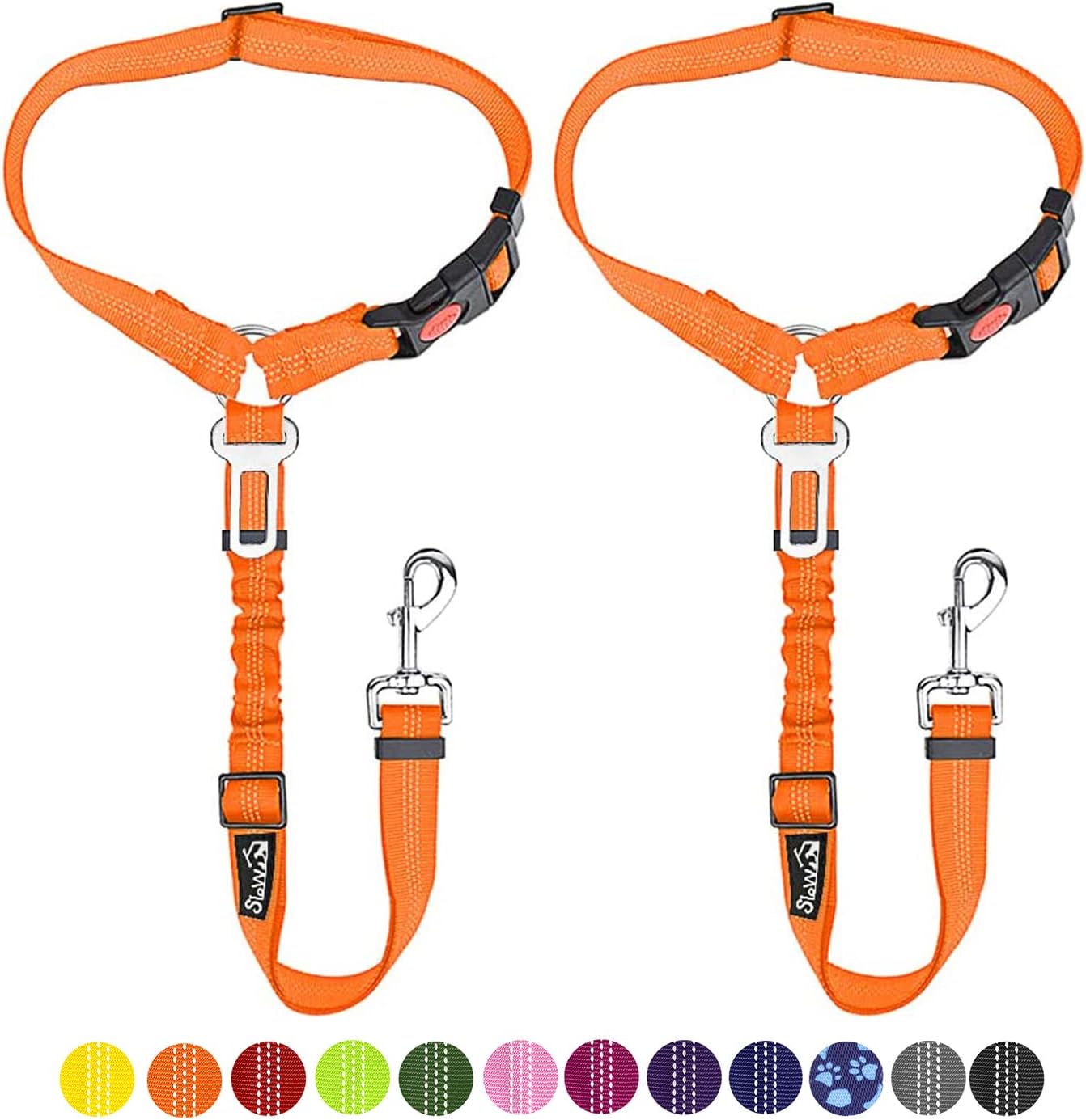 SlowTon Dog Seat Belt for Car, 2 Pack Dog Car Harness Seatbelt Adjustable with Elastic Bungee Buffer, 2 in 1 Pet Car Leash Headrest Restraint Dog Reflective Safety Tether (Orange, Headrest+Clip)