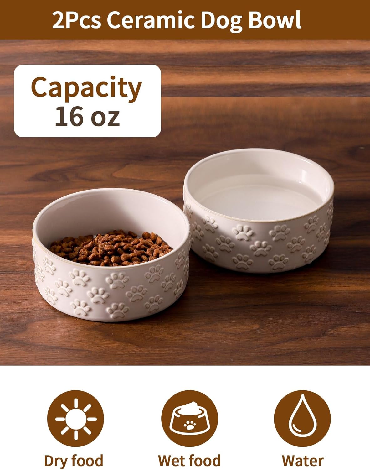UBEE Ceramic Dog Bowl Set of 2, 5.1 inch Dog Dish Food Bowl with Paw Pattern, Pet Food Water Dish Feeding for Small Dogs and Large Cat, White