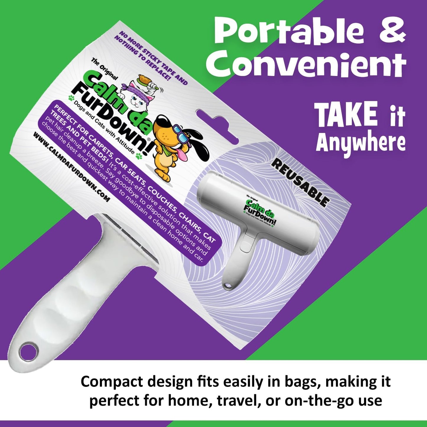 Calm Da Fur Down Pet Hair Remover Reusable Roller - Portable Effective Dog & Cat Hair Remover- Pet Lint Roller Extra Sticky for Couch, Cat Trees, Dog beds, Carpet, Bedding, Car, Home Fur Removal Tool