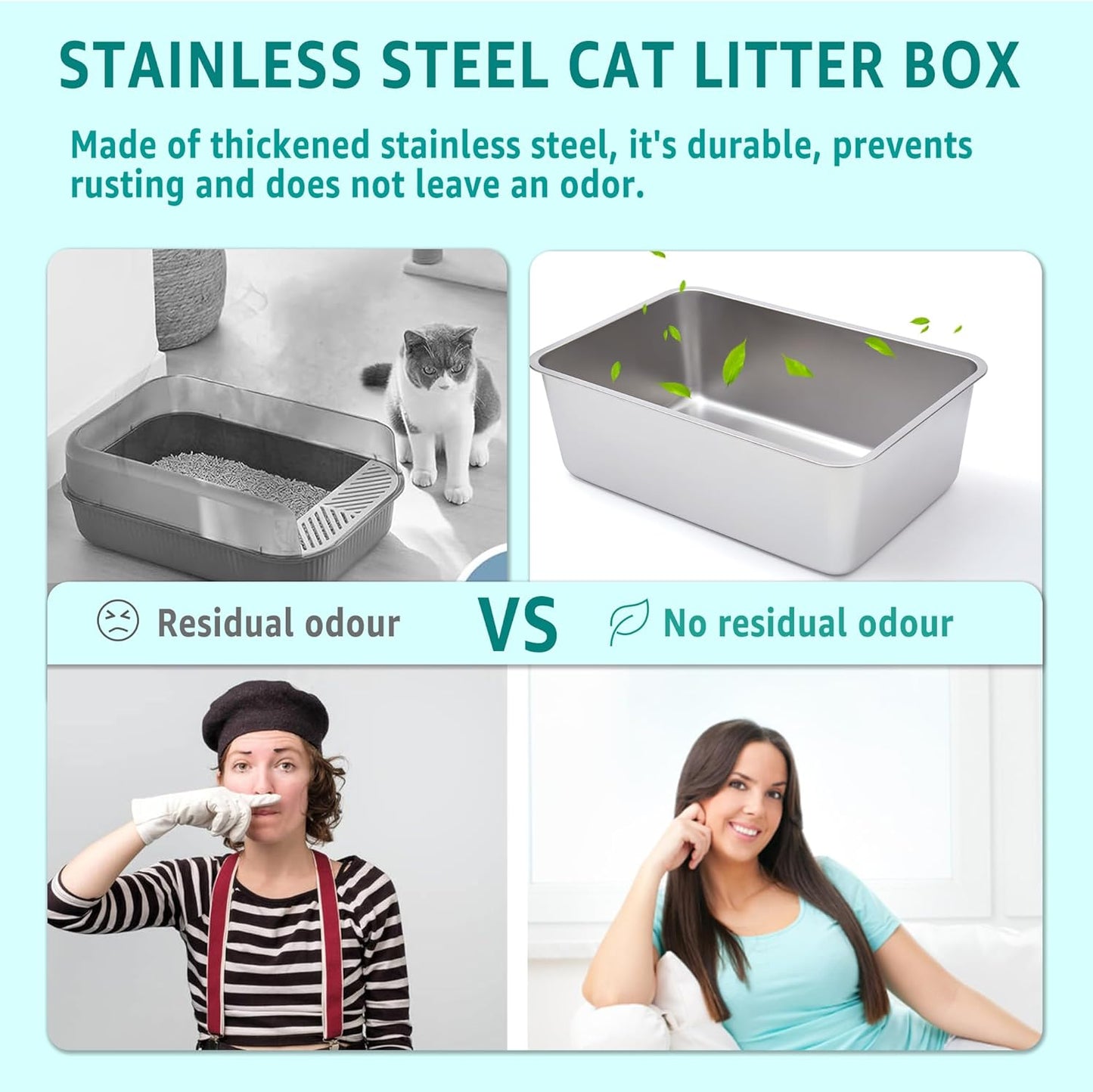 Stainless Steel Litter Box 2 Pack，Metal Litter Box Easy to Clean,Cat Litterbox Supplies for Kitten, Kitty, Rabbit, 6" High Side Cat Litter boxs,Stainless Steel LitterBox, No Smell,Non Stick
