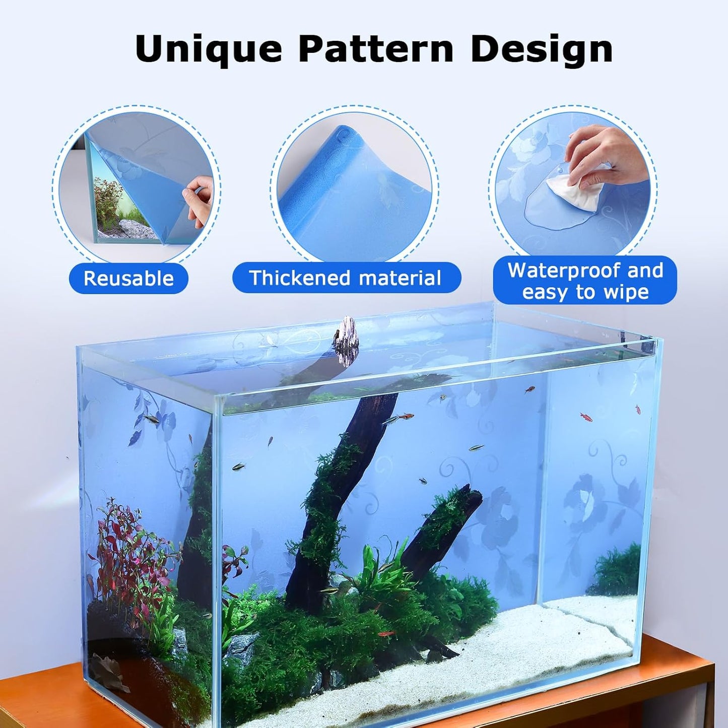 Aquarium Background Paper, Blue Fish Tank Backdrop Wallpaper Electrostatic Adhesive, No Glue, Easy to Install, Reusable (13.7" H × 43.3" L, Translucent)