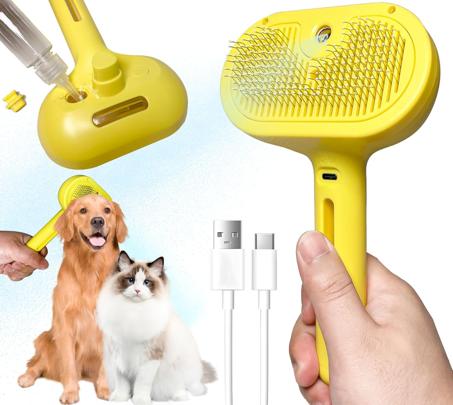QOQ Self-Cleaning Spray Cat Brush for Shedding, Removes Static Flying Hair, and Works Wonders for Both Long and Short-Haired Pets 2 In 1 Cleaning Brush for Cats And Dogs Grooming (Yellow)