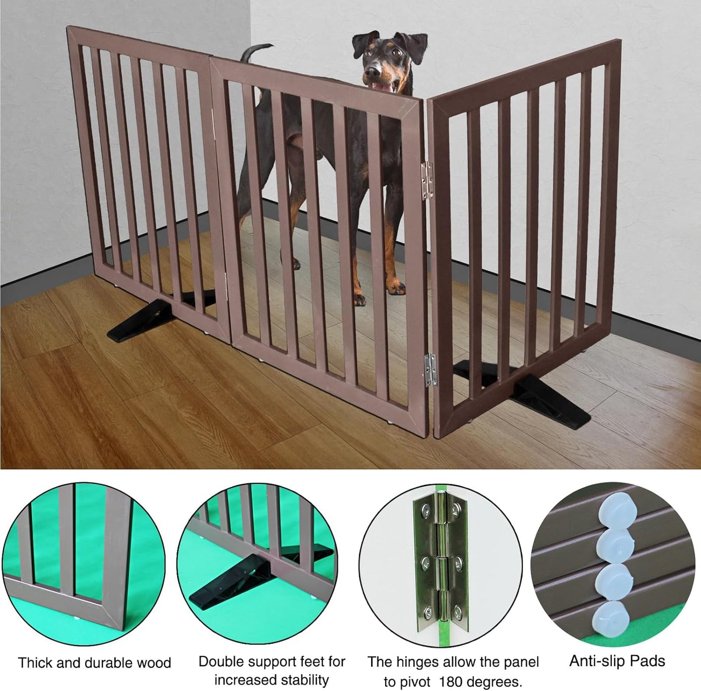 ZJSF Freestanding Indoor Dog Gate for House Foldable Wood Puppy Gate for Doorways Pet Gate for Stairs Extra Wide Pet Fence, Brown, 24" Height 3 Panels