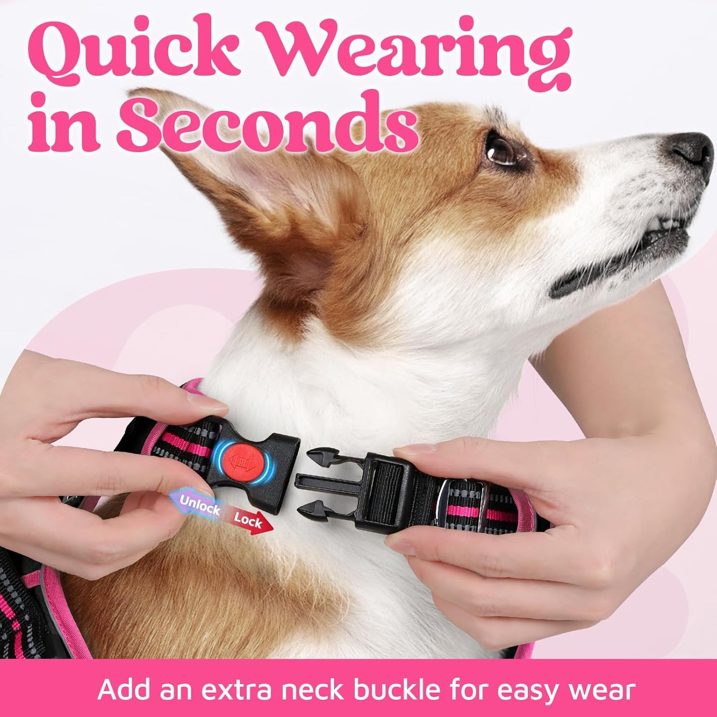 rabbitgoo Dog Harness for Large Dogs, No Pull Pet Vest with 3 Buckles, Adjustable Soft Padded Pet Harness with Easy Control Handle and Reflective Strips, Black & Rose Pink, XL