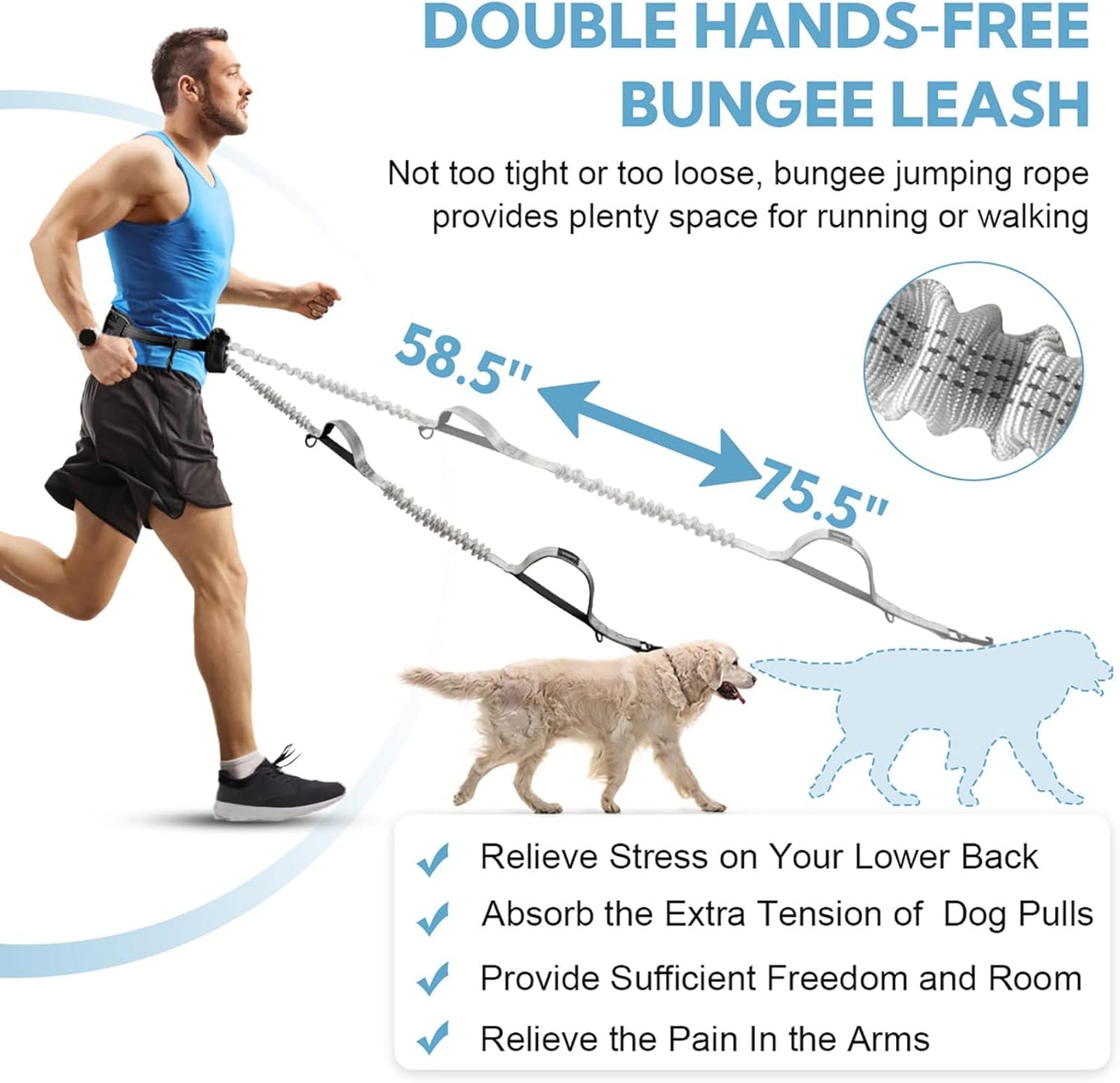 Hands Free Dog Leash, Adjustable Waist Belt with Double Padded Handles, Retractable Bungee for Medium & Large Dogs, Waist Leash for Dog Walking, Running, No Pull, Grey