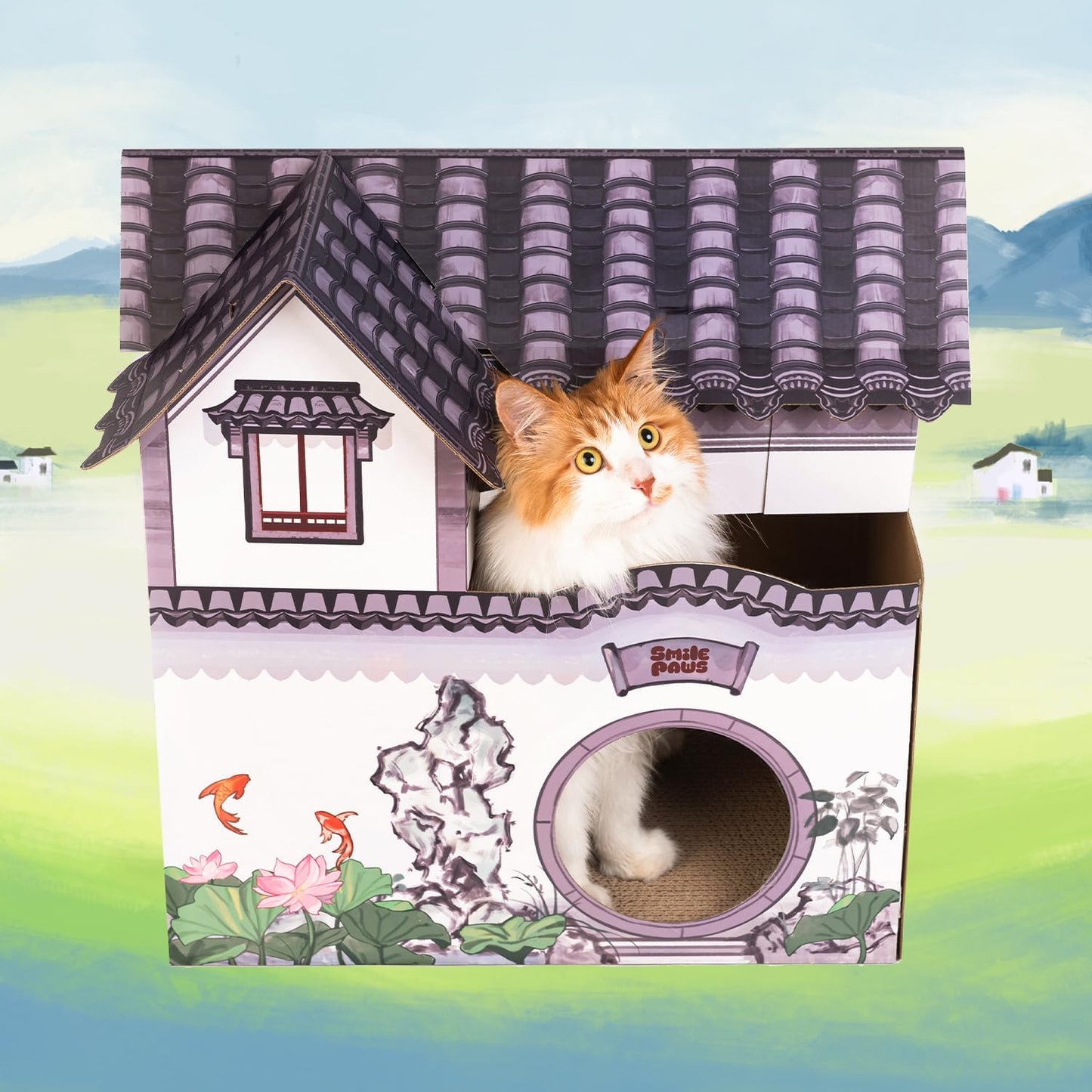 Cat Beds for Indoor Cats, Cardboard House with Scratchers, Tea House, Large Sturdy Cat Furniture Condo Cave Tent, Easy to Assemble Pet Toys Accessories Stuffs, Bunny Small Animals