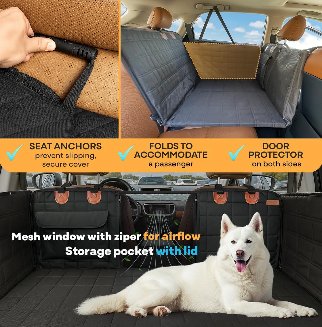APetsPlanet Dog Car Seat Cover for Back Seat Hard Bottom - Waterproof Backseat Extender for Dogs - Pet Hammock for Car, Truck, SUV - Protector Bed with Mesh Window & Storage - Black, with Door Covers
