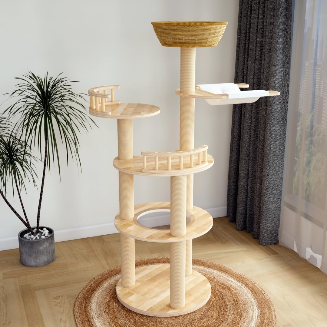 Modern Wood Cat Tree for Large Cats,Luxury Rattan Oak Cat Trees Towers，Rattan Cat Tree with Capsule &Hammock，3 Weaving Cat Nests & Washable, Sisal Scratching Posts, for Indoor Cats, (Large 02)