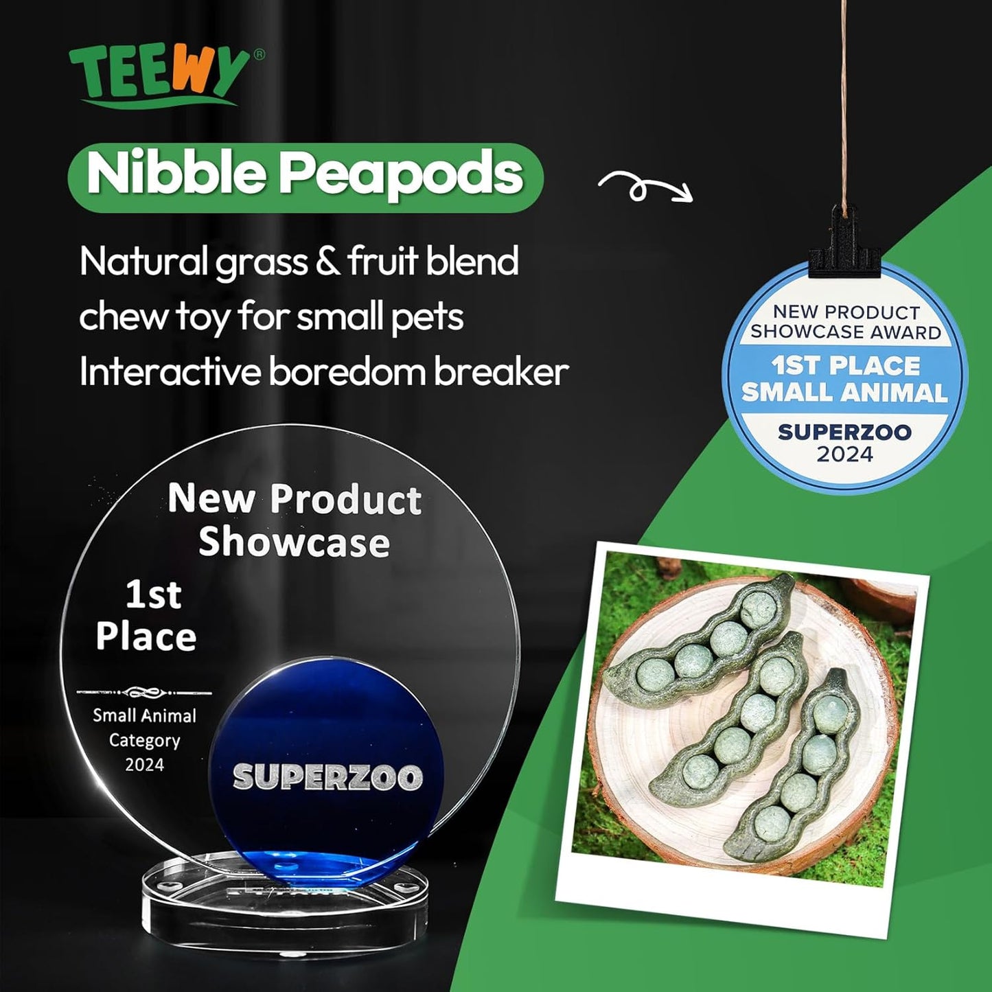 TEEWY 3PCS Guinea Pig Chew Toys, Prevent Teeth Overgrowth, Natural Vegetables and Timothy Grass, Hamster Chew Toys, Guinea Pig Toys, Chinchilla Toys, Peapod-Shaped