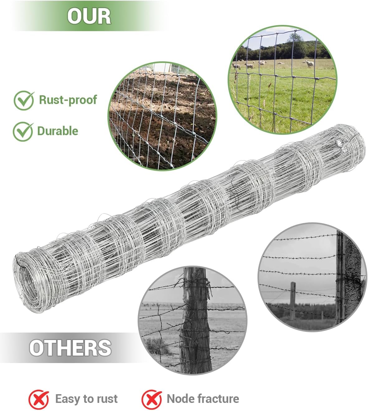 Cattle Farm Fence, 5ft x 164ft Galvanized Wire Fencing for Goat Deer Hog Yard Livestock Animals Protection