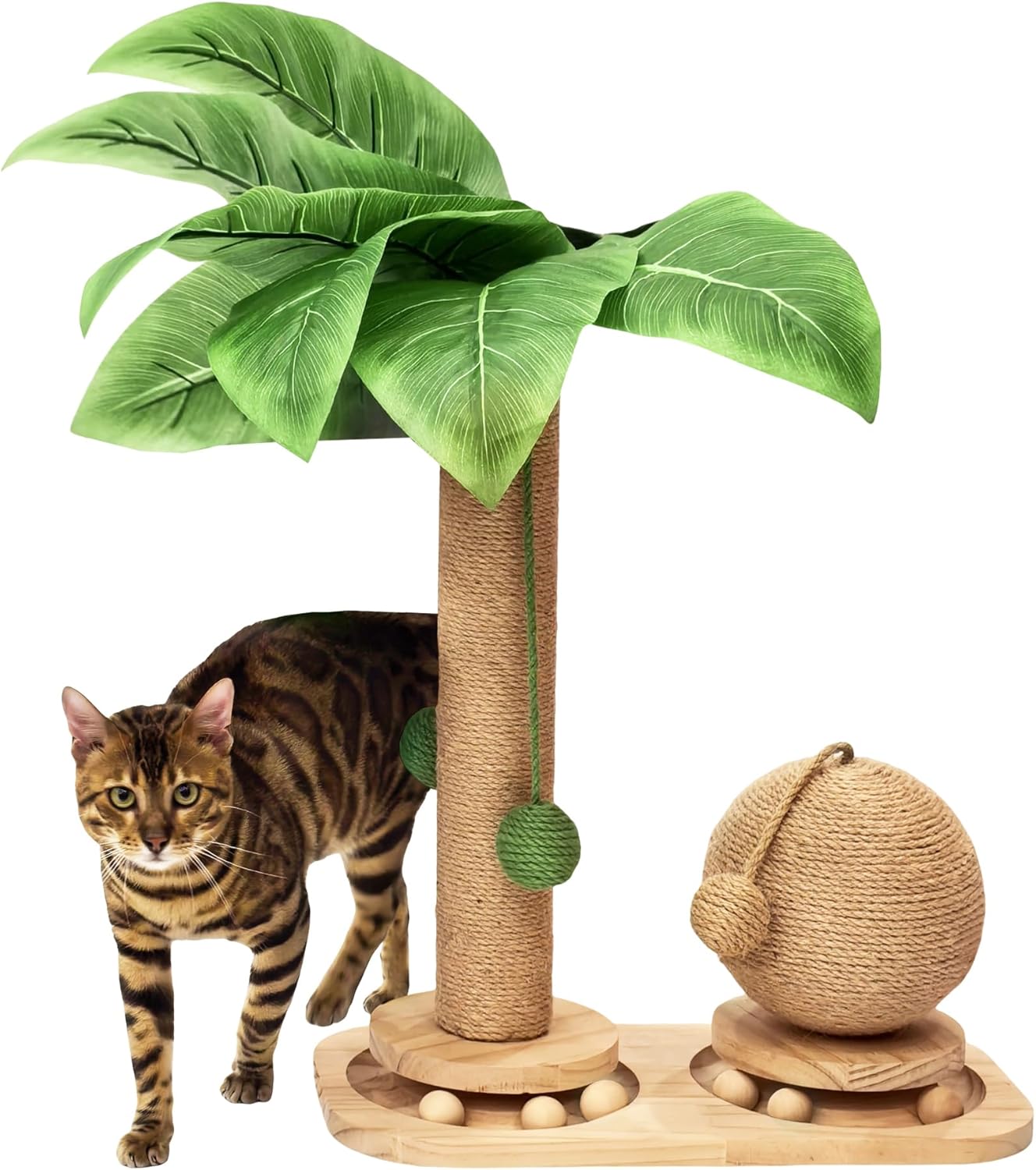 Cat Scratching Post, Wooden Cat Scratcher Toy for Indoor Cats, Sisal Ball Toy with Hanging and Track Balls, 17.7" Tall Banana Tree Cat Tower for Kittens