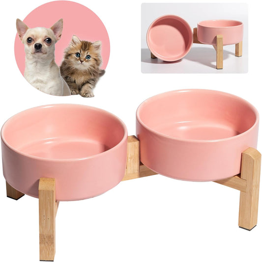Elevated Ceramic Dog Bowl Set - Raised Feeding Bowls with Non-Slip Bamboo Stand - Small Pet Dishes for Food and Water - Ideal for Cats and Puppies - 16.23 OZ - 2 Cups - 480 ML