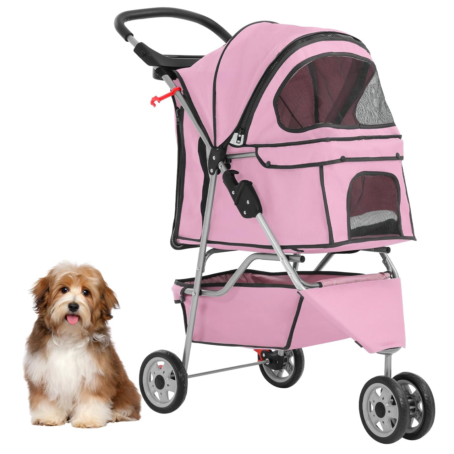 3-Wheels Pet Strolling Cart for Small Medium Dogs and Cats with Storage Basket,Holder, Foldable Pet Stroller with Waterproof Cover, Breathable Mesh for All-Season, Pink