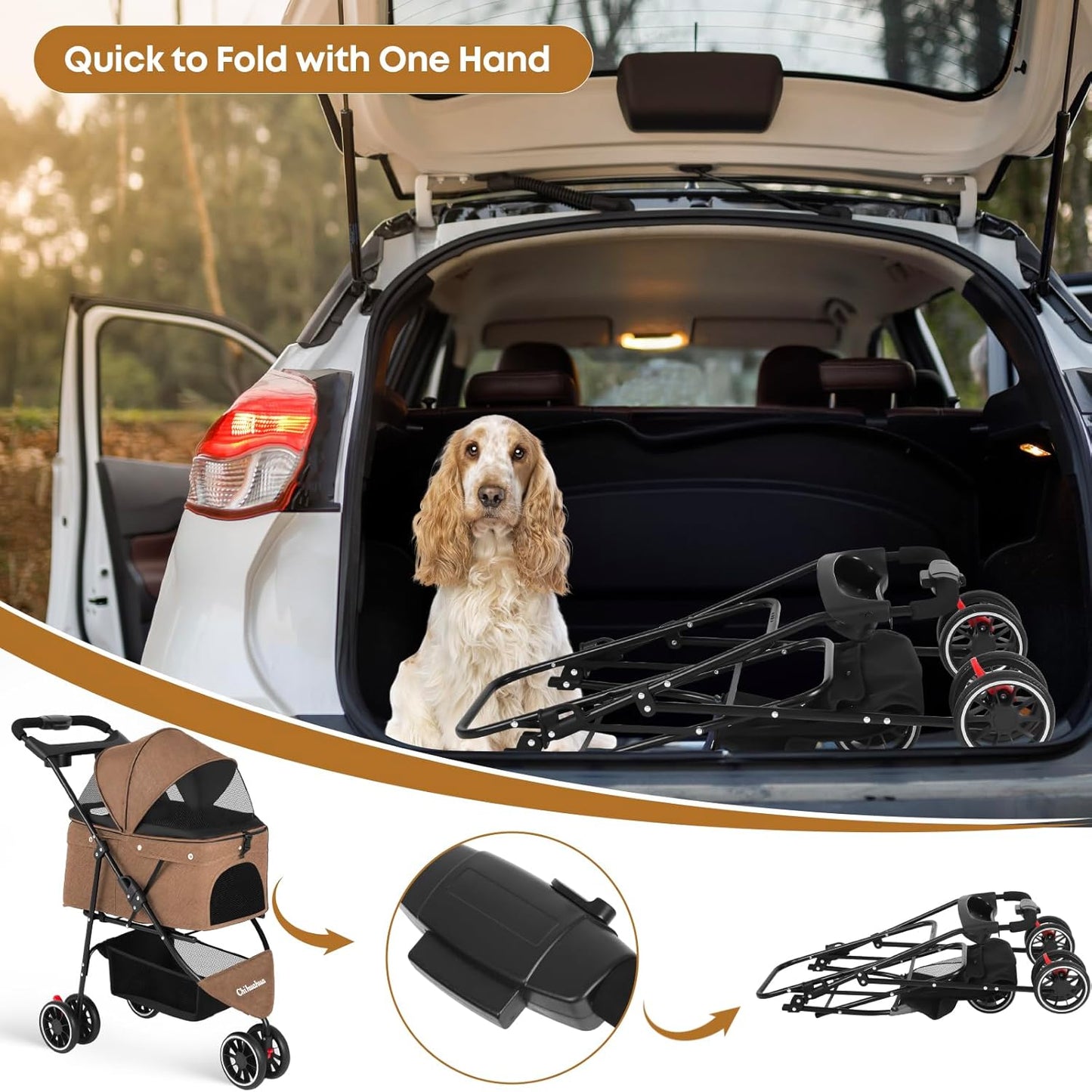 Pet Stroller,Dog Stroller for Small Medium Dogs Cats,3 Wheels,Foldable,with Breathable Mesh Canopy,Cup Holders,Easy Assembly,Deep Brown
