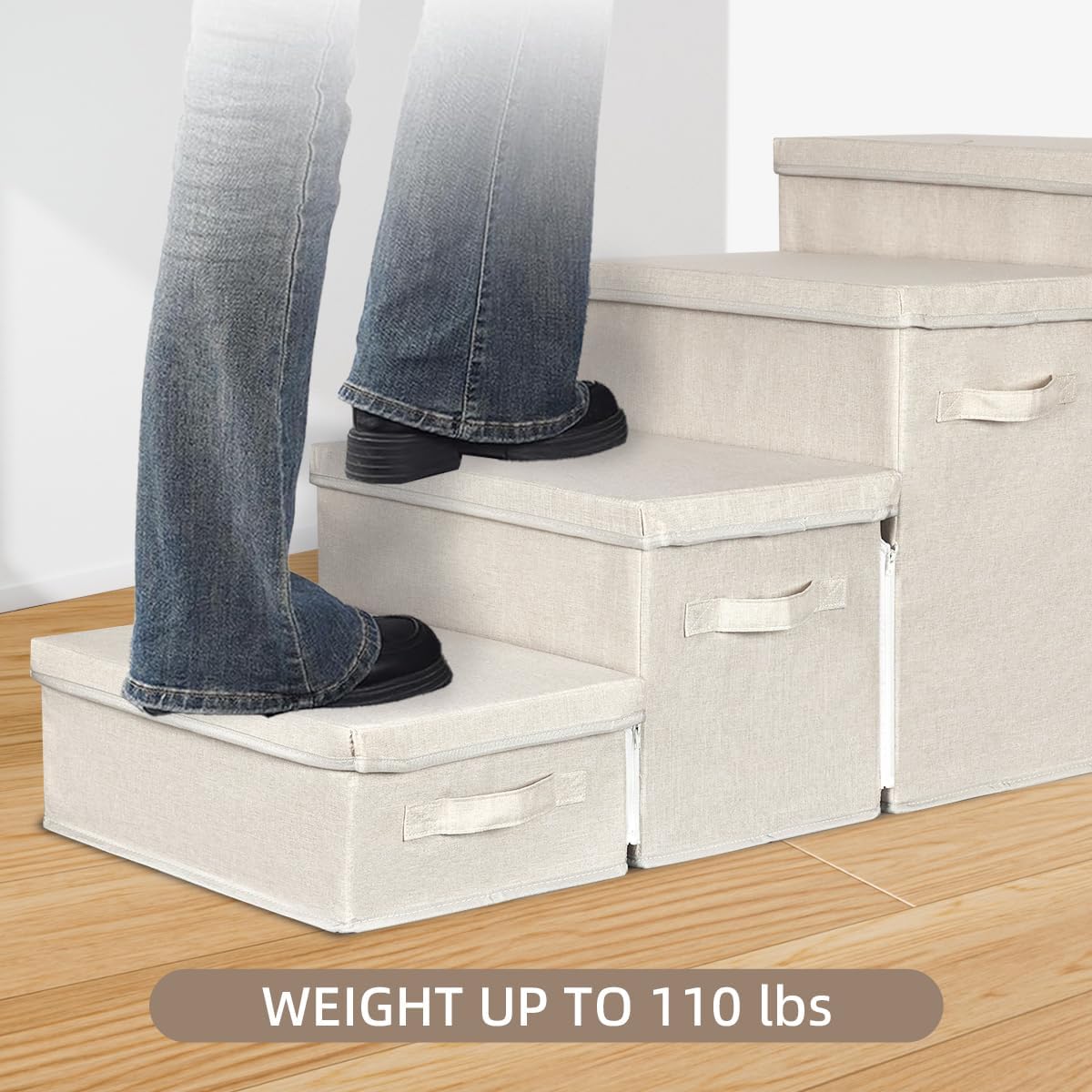 Dog Stairs with Storage, 4-Step Folding Pet Steps for Small Dogs and Cats, Pet Steps Storage with Zip, Pet Stairs for High Bed, Couch and Car Ramp (Beige, 4 Steps no Condo)