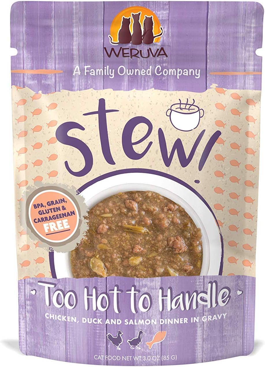 Weruva Classic Cat Stews!, Too Hot to Handle with Chicken, Duck & Salmon in Gravy, 3oz Pouch (Pack of 12)