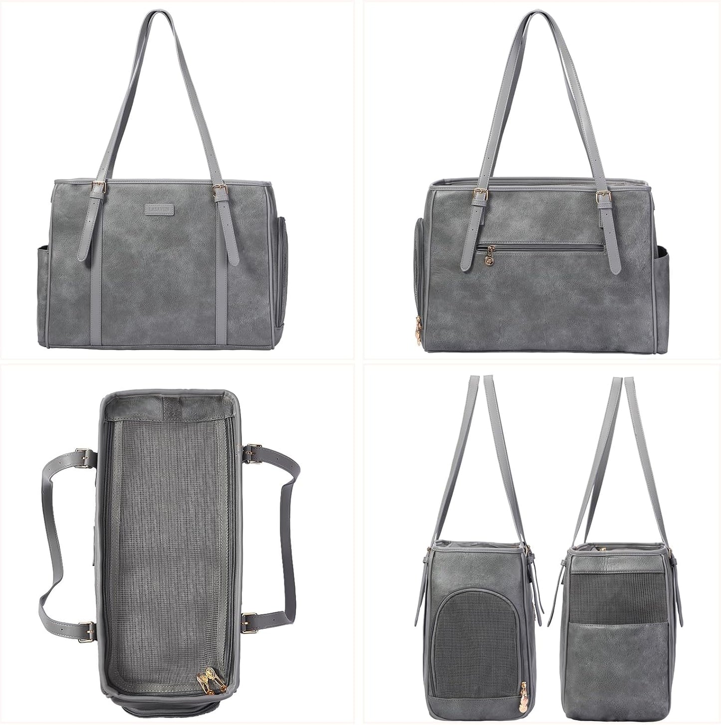 Fashion Dog Purse Pet Carrier Leather Bag for Small Dogs Cats Puppy, Portable Tote Bag Airline Approved Soft-Sided Carriers (Grey)