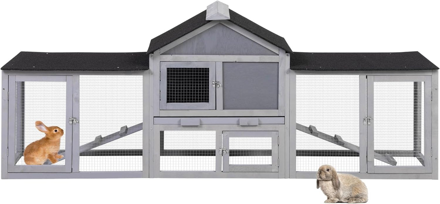 82.5” Large Wooden Rabbit Hutch Outdoor Easy to Assemble Rabbit Cage and Durable Bunny Hutch Indoor with Cleaning Tray & Waterproof Roof for Small and Medium Bunny Rabbit Chick (Grey)