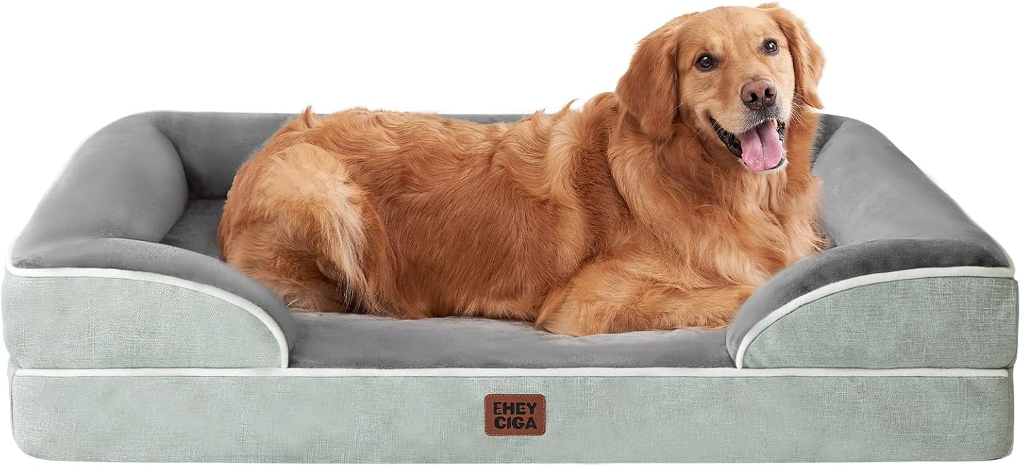 EHEYCIGA Orthopedic Dog Beds for Extra Large Dogs, Waterproof Memory Foam XL Dog Bed with Sides, Non-Slip Bottom and Egg-Crate Foam Big Pet Couch Bed with Washable Removable Cover, Greyish Green