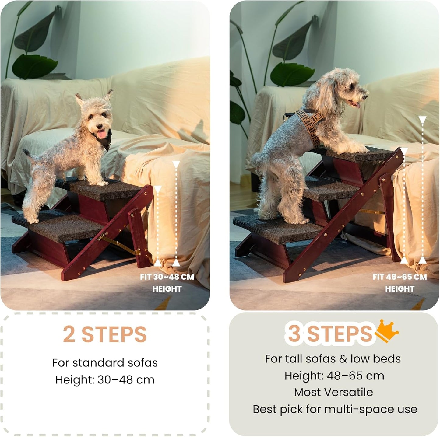 MEWANG Wooden Pet Stairs/Pet Steps - 3-in-1 Foldable Stairs & Ramp for Beds and Cars - Portable Dog/Cat Ladder Up to 220 Pounds - Great for Small and Older Animals(Brown) (24.8" L x 17.2" W x 19.5" H)