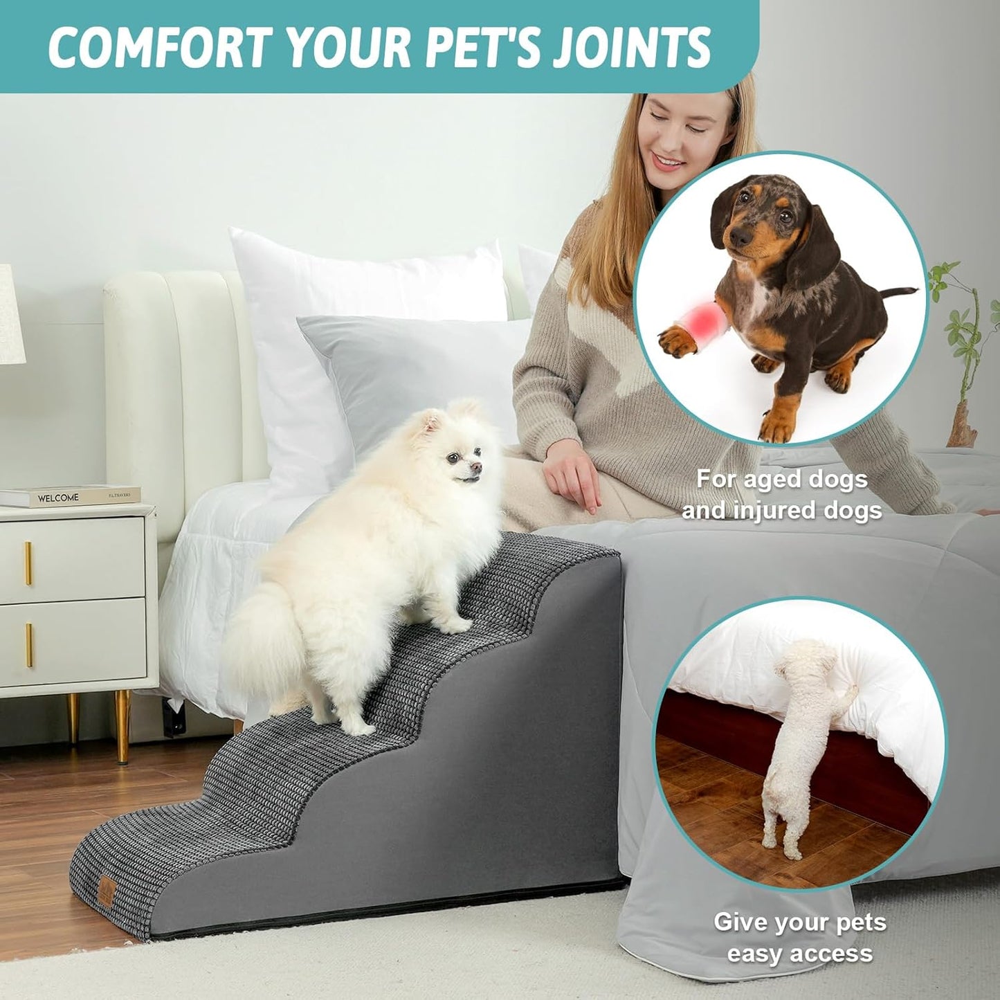 Dog Stairs for Small Dogs 19.7" H, Curved Dog Step for Puppy, Older or Cat, Medium Pet Ramp for Sofa, Couch or Bed, Ladder with High Density Foam, 15.7x28.3x19.7 inch, 4 Step, Dark Grey