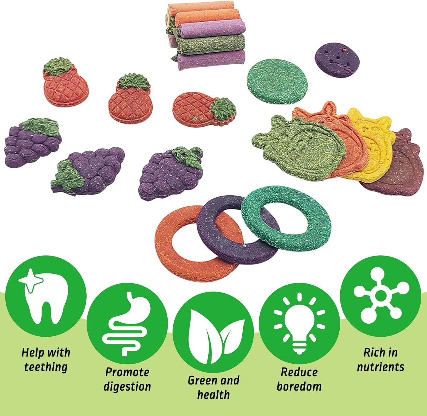 Fhiny 27 PCS Natural Bunny Chew Toys Molar Rabbit Toys Contain Timothy Grass Pumpkin Beets Purple Potatoes Carrot Hamster Treats for Chinchillas Guinea Pigs Mice Gerbils Teeth Grinding