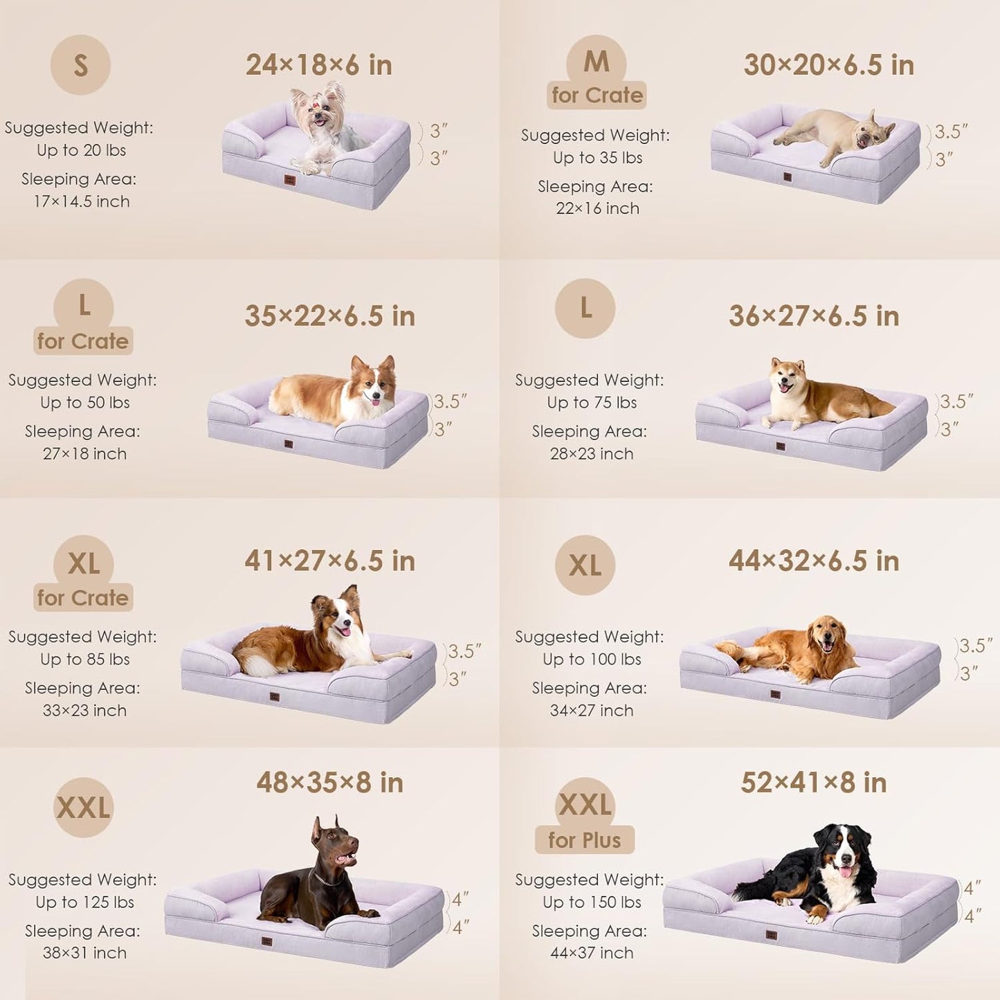 EHEYCIGA Orthopedic Dog Beds for Large Dogs, Waterproof Memory Foam Large Dog Bed with Sides, Non-Slip Bottom and Egg-Crate Foam Pet Couch Bed with Washable Removable Cover, Lilac