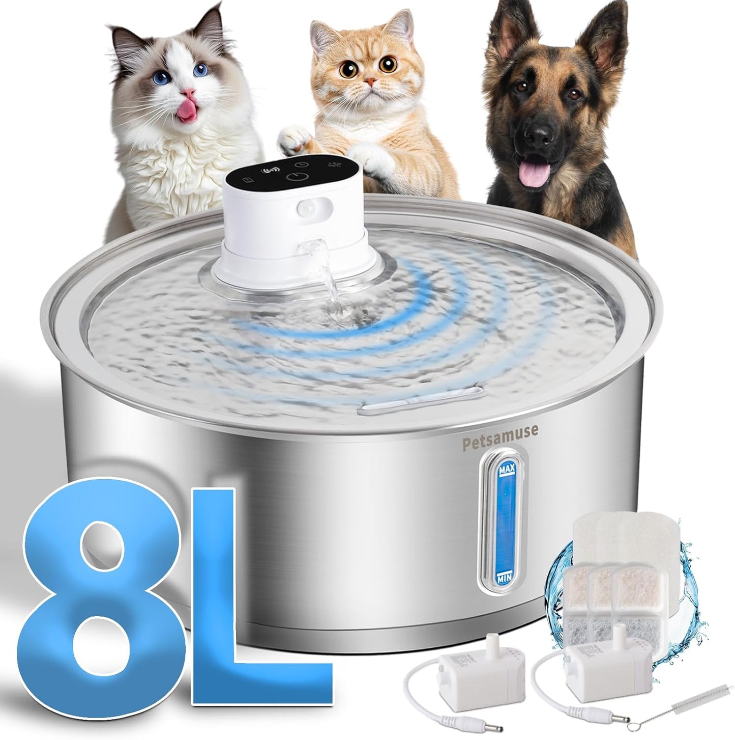 Wireless Dog Water Fountain, 2.1Gal/8L Battery Operated Stainless Steel Pet Water Fountain Motion Sensor Dog Water Bowl Fountain Large Dog Bowl Inside with 3 Filters and 2 Ultra Quiet Pumps